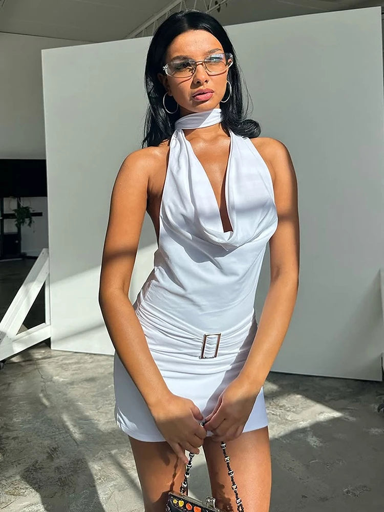 Halter Y2K Party Dress Women Square Metal Rings Backless Swing Collar Bandage Sleeveless Elegant Classic Slim Bodycon