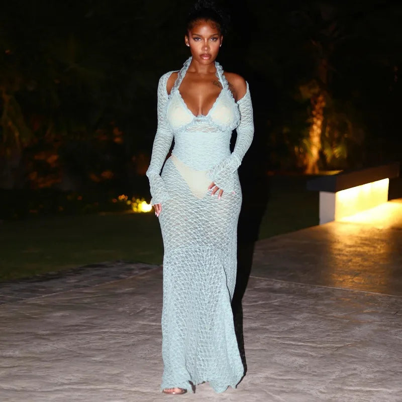 See Through Lace Dress for Woman Elegant Sexy Long Sleeve Maxi Dresses Beach Vacation Outfits
