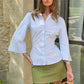 Y2K Tie Back Cinched Waist Collared Shirt For Women Flare 3/4 Sleeve Button‑Front Slim Fitted Curved Hem Casual Blouse