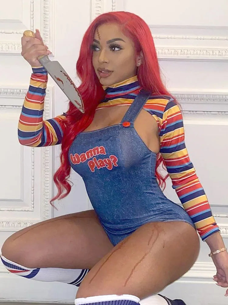 Halloween Costumes for Women Scary Nightmare Killer Doll Wanna Play Movie Character Bodysuit Chucky Doll Costume Set
