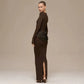Draped Long Sleeve Slit Maxi Dresses for Woman Party Evening Elegant Dress Brown Burgundy