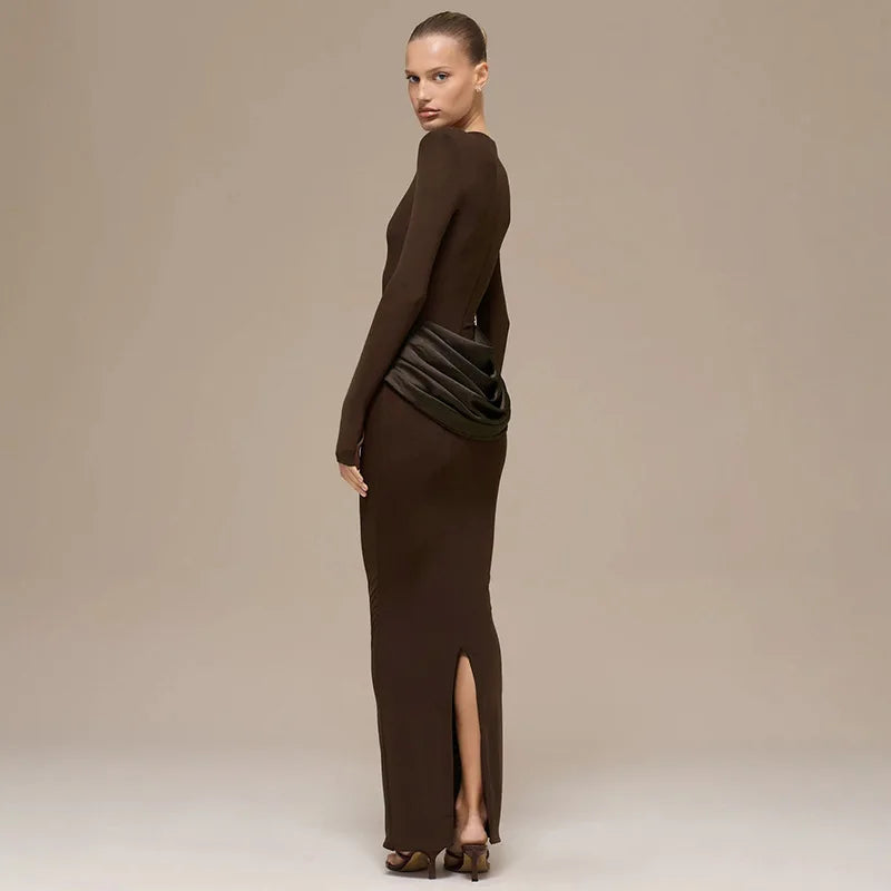 Draped Long Sleeve Slit Maxi Dresses for Woman Party Evening Elegant Dress Brown Burgundy