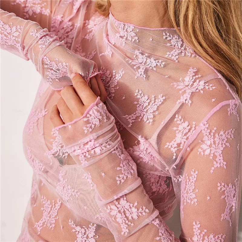 Women's Lace Layering Top Long Sleeve Sheer Mesh Mock Neck Undershirt Y2K Lace Floral Tops See Through Shirt Blouse