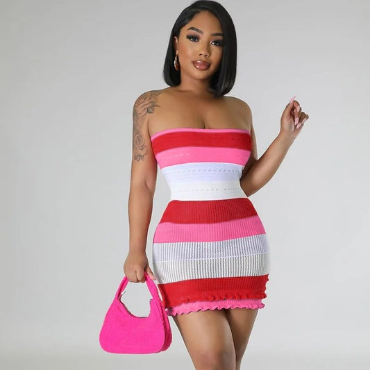 Knit Women Tube Dress Elegant Summer Patchwork Striped Ruffles Hem Skinny Stretch Bodycon Street Vacation Clubwear