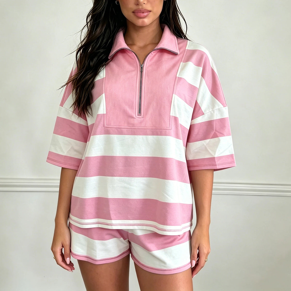 Women's Casual Striped Half Zip Two Piece Outfit Oversized Short Sleeve Top and Elastic Shorts Comfy Loungewear Set