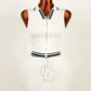 Sexy Sporty 2-Piece Set Women Tracksuit Casual Sash Zip Polo Neck Tank Tops+Mini Peach Hip Skirts Matching Streetwear