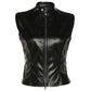 PU Leather Moto Crop Tops Streetwear Womens Tank Top Zip Up Hollow Out Backless Black Sexy Club Clothes