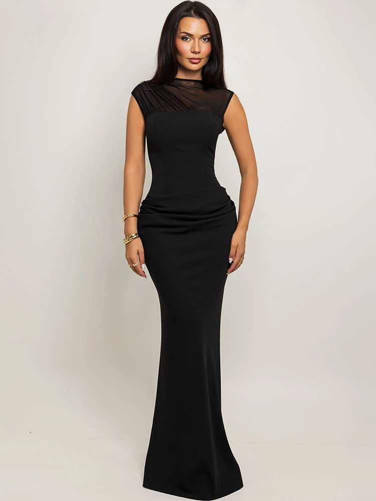 Women Mermaid Evening Maxi Dress Sheer Mesh Cap Sleeve Ruched Bodycon Formal Prom Gown Wedding Guest Party Dress