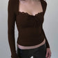 Lace Trim Square Neck Long Sleeve Tops Solid Color Tees Tight Fitted T Shirts Sexy Fall Clothes for Woman