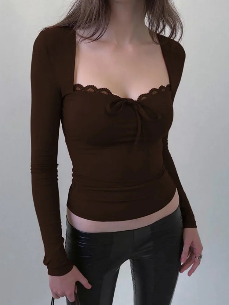 Lace Trim Square Neck Long Sleeve Tops Solid Color Tees Tight Fitted T Shirts Sexy Fall Clothes for Woman