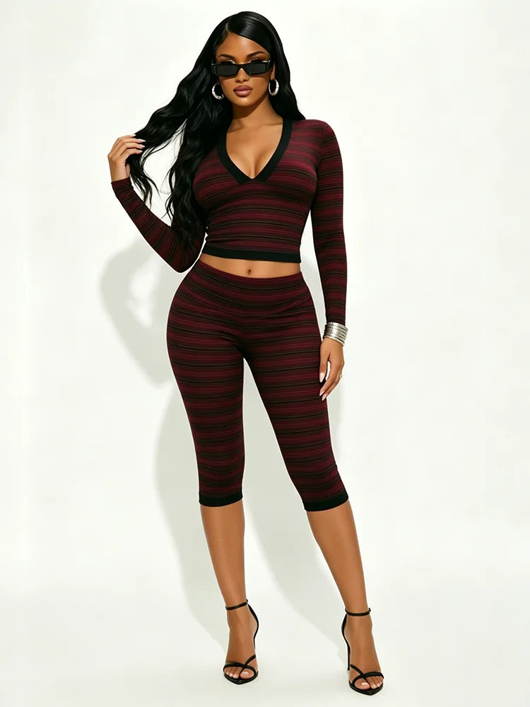 Striped Print 2 Piece Set Women Line Patchwork Trend V-Neck Full Sleeve T-Shirt+Capri Pants Fashion Chic Street Suits