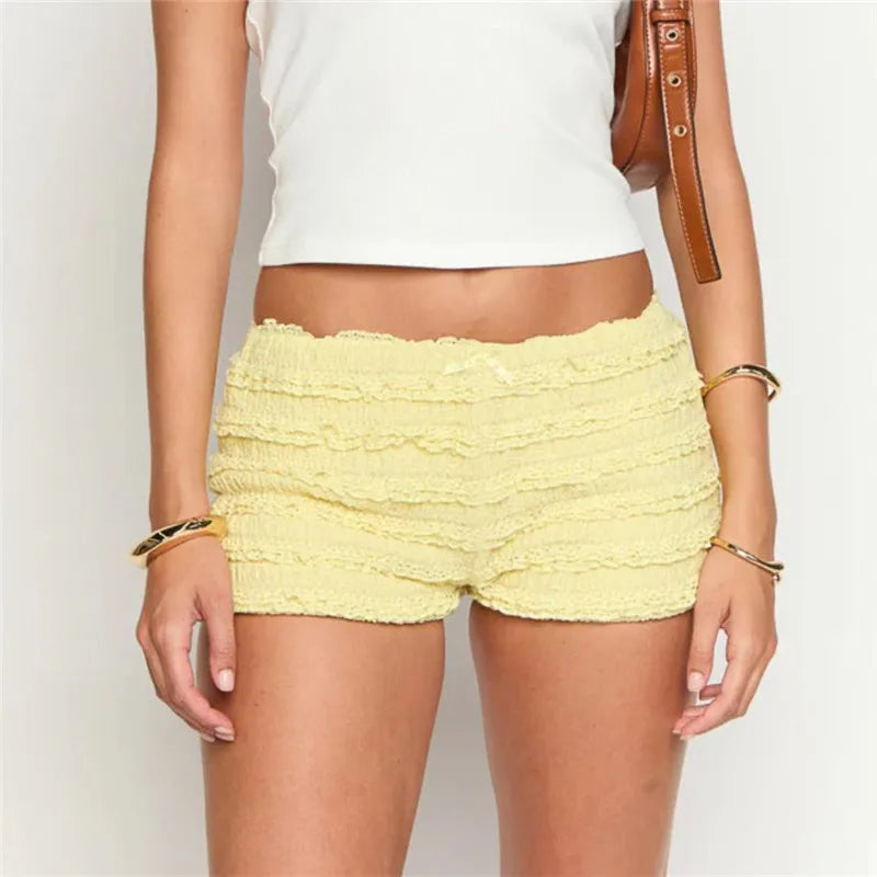 Women Summer Y2K Lace Tiered Shorts Low Waist Bow Front Ruffle Hot Pants Casual Smocked Bodycon Mini Shorts