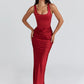 Backless Ruched Sexy Maxi Dress Women Gown Elegant Square Collar Sleeveless High Waist Bodycon Club Party Long Dresses