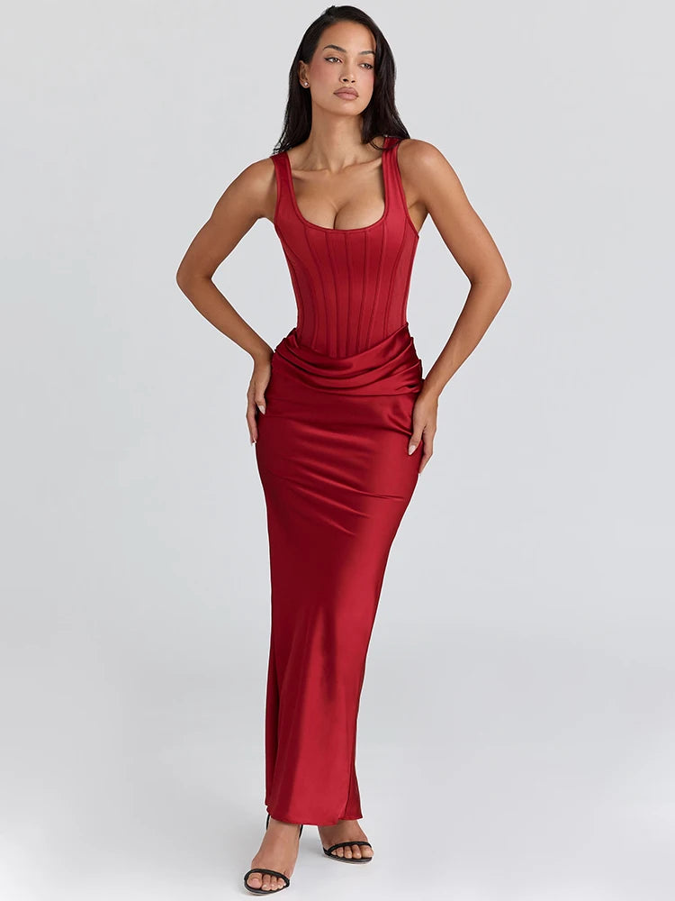 Backless Ruched Sexy Maxi Dress Women Gown Elegant Square Collar Sleeveless High Waist Bodycon Club Party Long Dresses