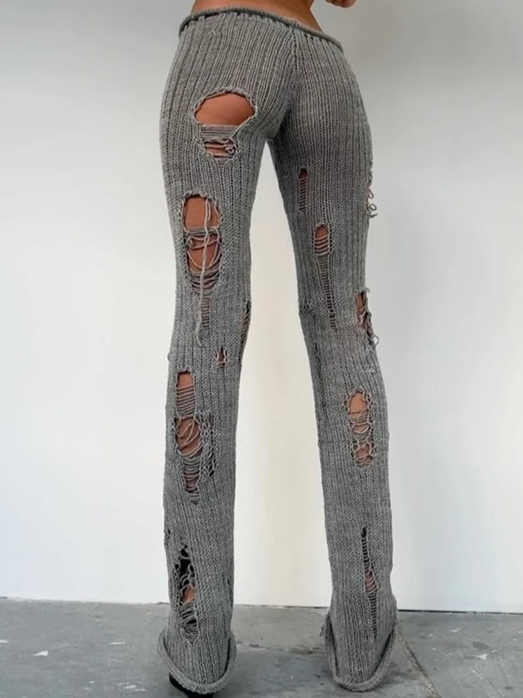 Knit Irregular Ripped Pants Women Autumn Trend Fashion Sexy Hottie Wild Solid Hip-Hop Street Clubwear Skinny Bottom