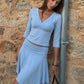 Women 2 Piece Outfits V‑Neck 3/4 Sleeve Wrap Crop Top High Waist Ruched Midi Skirt Set Y2K Matching Suit Streetwear