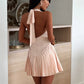 Sexy Women Mini Dress Solid Color Tie-Up Halter Neck Cowl Neck Sleeveless Dress Summer Fashion Casual Pleated Dress