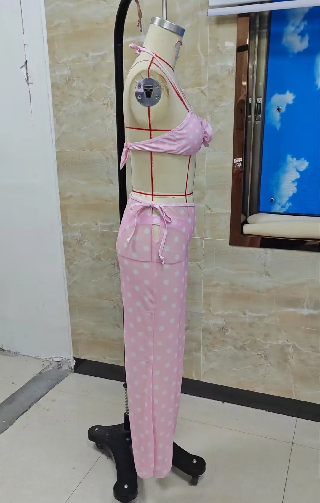 Women's 3 Piece Bikini Set Fashion Dot Print Halter Neck Bra Triangle Thong Bathing Suit with Cover Up Pants