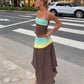 Women Color Block Halter 2 Piece Set Lace‑Up Back Corset Top Asymmetrical Maxi Skirt Summer Party Beach Matching Outfit