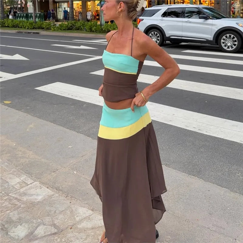 Women Color Block Halter 2 Piece Set Lace‑Up Back Corset Top Asymmetrical Maxi Skirt Summer Party Beach Matching Outfit
