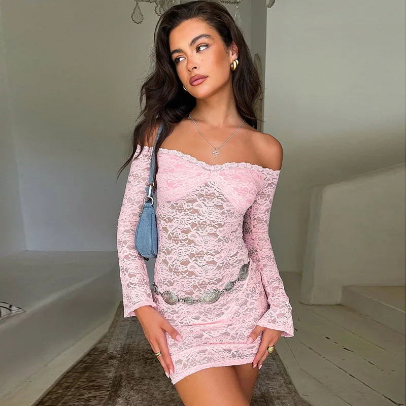 Off Shoulder Flared Long Sleeve Mini Dresses for Women Sexy See Through Lace Bodycon Dress Fashion 2024