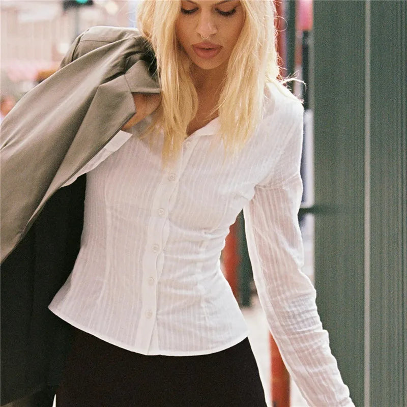 Women Stripe Shirts Blouse Fashion Long Sleeve Laple Button Down Slim Fit Tops Office Ladies Streetwear for Casual Daily