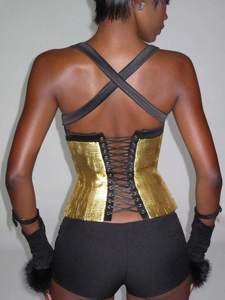 Bright Silk Shirring Tank Top Women Hottie Wild Cross Backless Halter Patchwork Sleeveless Chic Sexy Street Club Vest