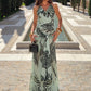 Summer Tiger Print 2-Piece Set Women Halter Bandage Swing Collar Backless Vest+Folds Tassel Long Skirt Fashion Party Suit