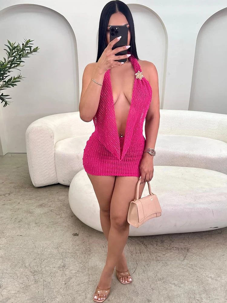 Crochet Halter Backless Dress Women Sexy Swing Collar Peach Hip Sleeveless Hottie Stretch Club Summer Mini Bodycon