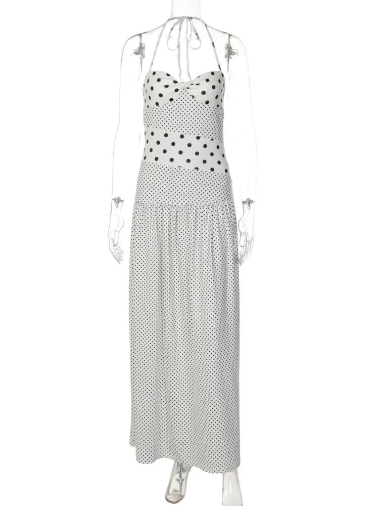 Polka Dot Halter Sexy Maxi Dress Women Gown Elegant Off-shoulder Sleeveless Backless Bodycon Club Party Long Dresses