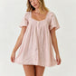 Square Neck Eyelet Lace Mini Dress Women Flutter Short Sleeve Front Button Pleated Loose Babydoll Summer Vacation Dress