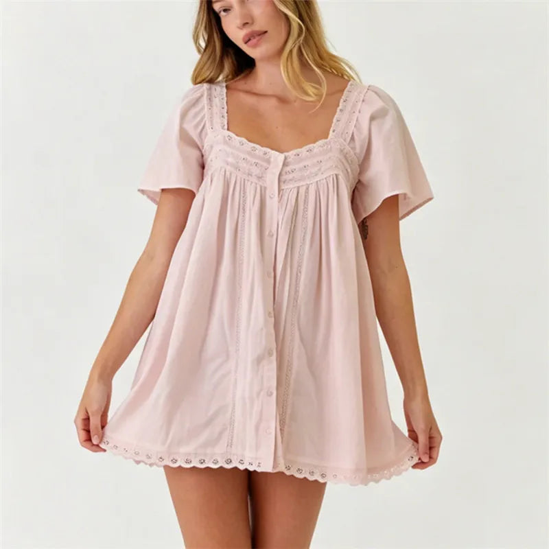 Square Neck Eyelet Lace Mini Dress Women Flutter Short Sleeve Front Button Pleated Loose Babydoll Summer Vacation Dress