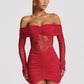 Off-shoulder Strapless Backless Sexy Mini Dress Women Gown Elegant Lace See Through Long Sleeve Ruched Club Party Dress