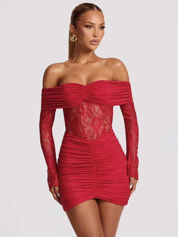 Off-shoulder Strapless Backless Sexy Mini Dress Women Gown Elegant Lace See Through Long Sleeve Ruched Club Party Dress