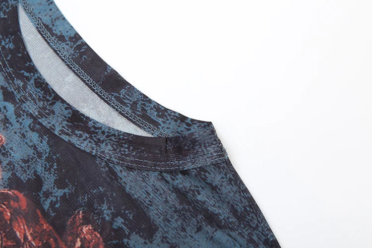 Peach Hip Sexy See Through Mini Dress Woman Colorful Print o-Neck Full Sleeve Skinny Midnight Fashion Club Party Bodycon