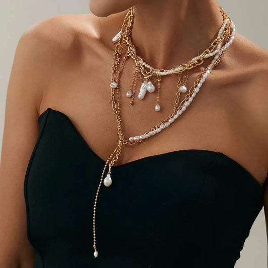 2Pcs/Set Bohemia Imitation Pearl Long Tassel Pendant Choker Necklace for Women Sexy Chest Chain Wedding Neck Jewelry