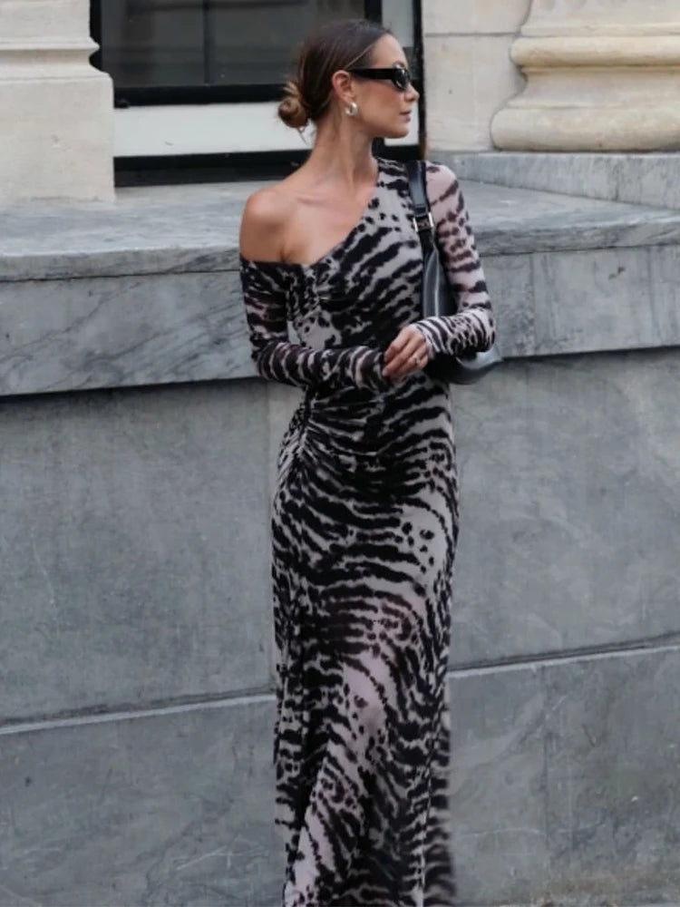 Patchwork Design Long Dress Women Autumn Trend Inclined Shoulder Full Sleeve Skinny Stretch Wild Style Streetwear