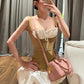 Patchwork 2-Piece Set Women Bandage Low-Neck Fake Fish Bone Belt Decoration Vest+Puffy Hem Skirt Fashion Sweet Suit