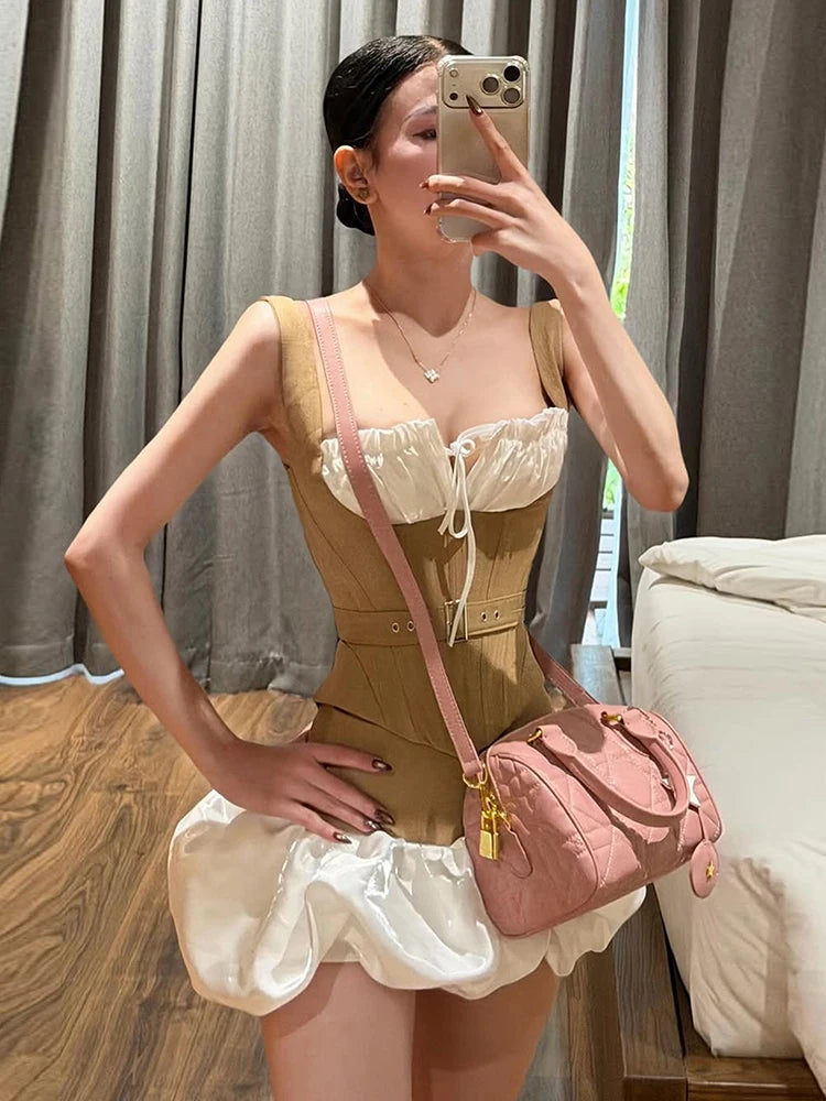 Patchwork 2-Piece Set Women Bandage Low-Neck Fake Fish Bone Belt Decoration Vest+Puffy Hem Skirt Fashion Sweet Suit