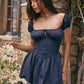 Square Collar Pleated Mini Dress For Women Navy Blue Fashion Short Sleeve Backless A-line Club Party Sexy Dress Elegant