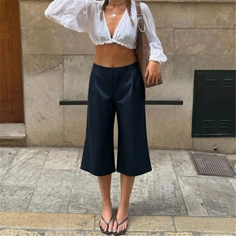 Silk Like Satin Capri Culottes Ladies High Rise Front Pleat Wide Leg Mid Calf Loose Draped Office Commuter Trousers