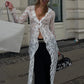 Women White Lace Long Cardigan Ruffle V Neck Long Sleeve Sheer Mesh Open Front Maxi Cover Up Beach Swimwear Coverup