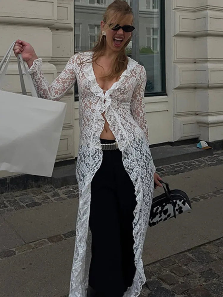Women White Lace Long Cardigan Ruffle V Neck Long Sleeve Sheer Mesh Open Front Maxi Cover Up Beach Swimwear Coverup