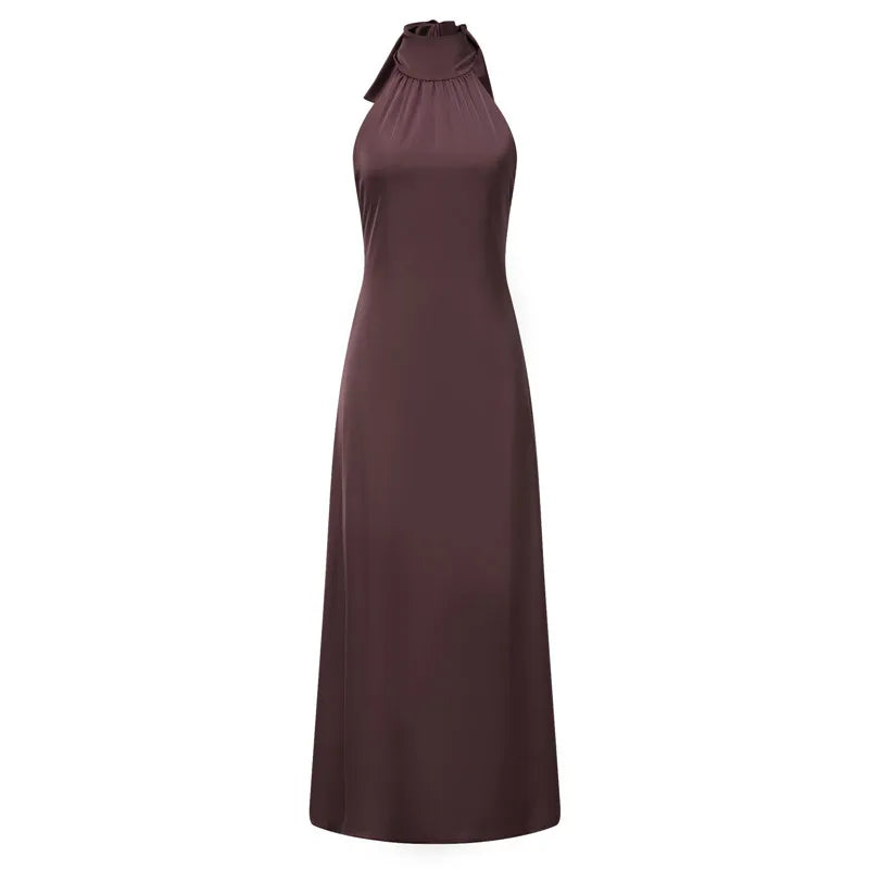 Women Satin Halter Maxi Dress Backless Long Tie Back Elegant Black Mermaid Formal Gown Wedding Guest Party Dress