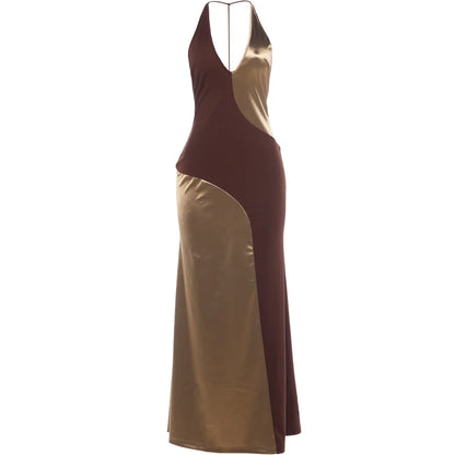 Simple Elegant Fashion Backless Dress Women Sexy Bright Silk Patchwork Halter Sleeveless Vacation Party Club Long Bodycon