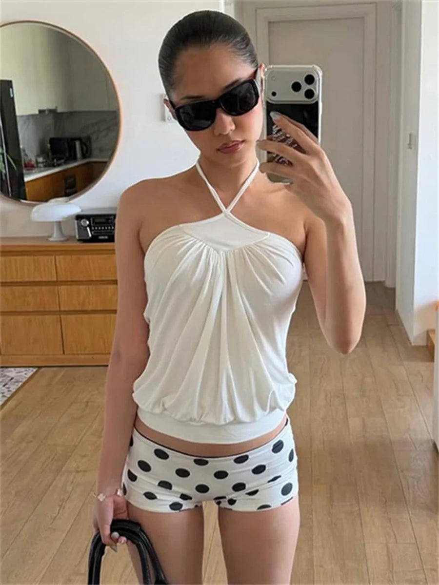 Hottie Backless Tank Top Women Sexy Halter Bandages Ruched Patchwork Sleeveless Fashion Simple Party Street Club Vest