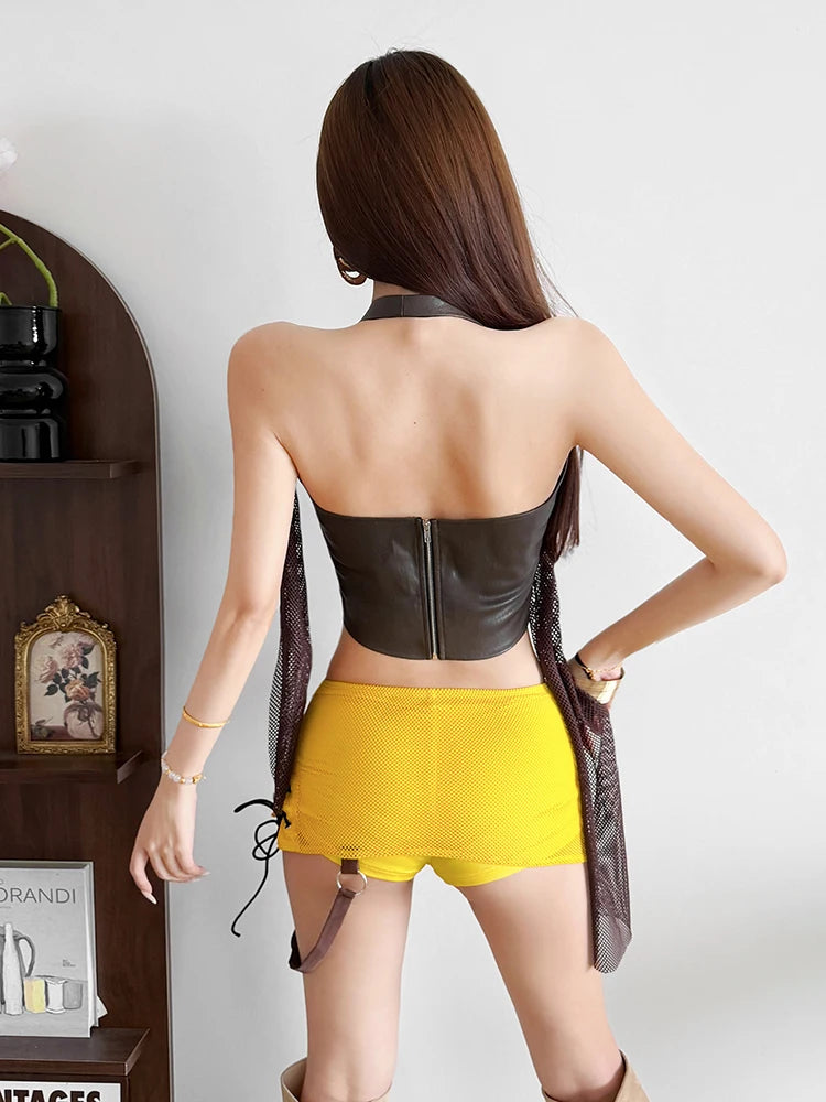 Party Sexy 2Piece Set Women Zip Halter Patchwork Mesh Hollow Vest+Print Metal Ring Tassel Cross Bandage Skirt Summer Suit