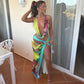 Colorful Print Sexy 2 Piece Set Open Back Halter Top and Split Long Skirts Woman Vacation Outfits
