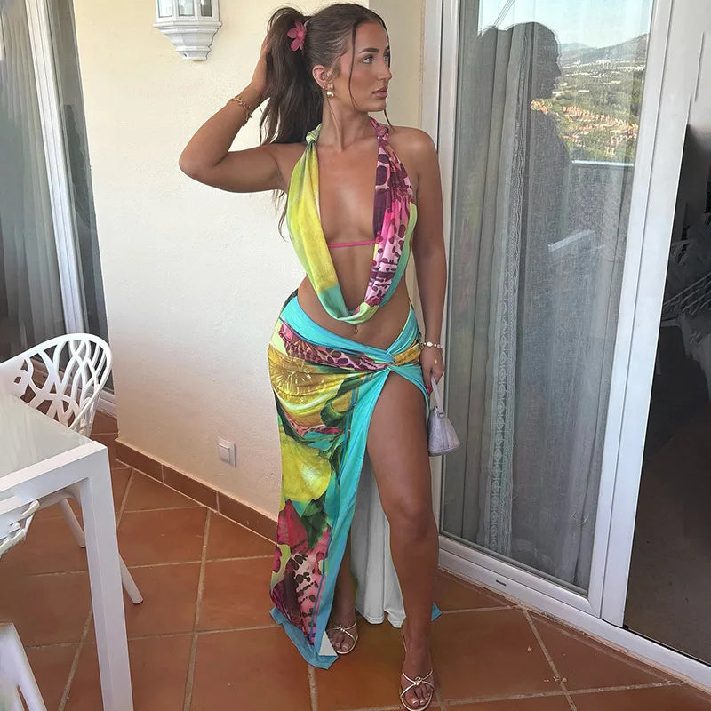 Colorful Print Sexy 2 Piece Set Open Back Halter Top and Split Long Skirts Woman Vacation Outfits