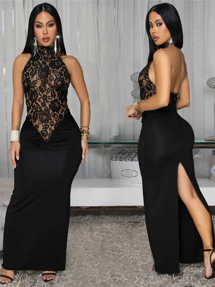 Sexy Halter Split Maxi Dress Women Jacquard Patchwork Backless Zip Elegant Skinny Peach Hip Stretch Evening Bodycon